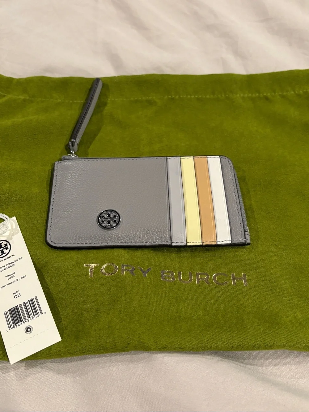 Tory Burch Light Gray Pebbled Zip Card Case with Metallic Stripe Accents